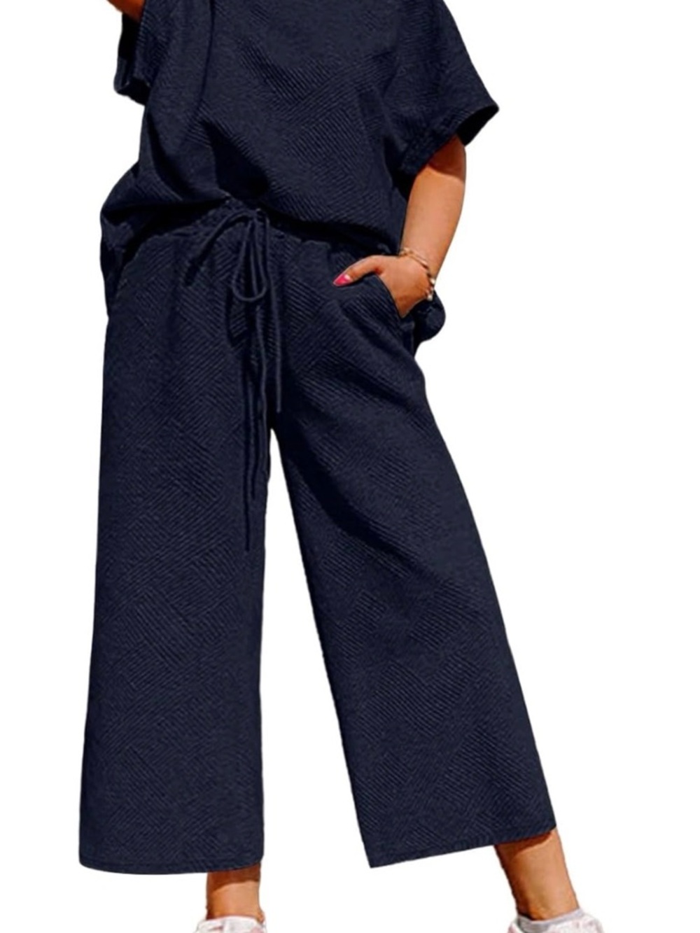 Navy Wide-Leg High-Waist Short Sleeve Lounge Set